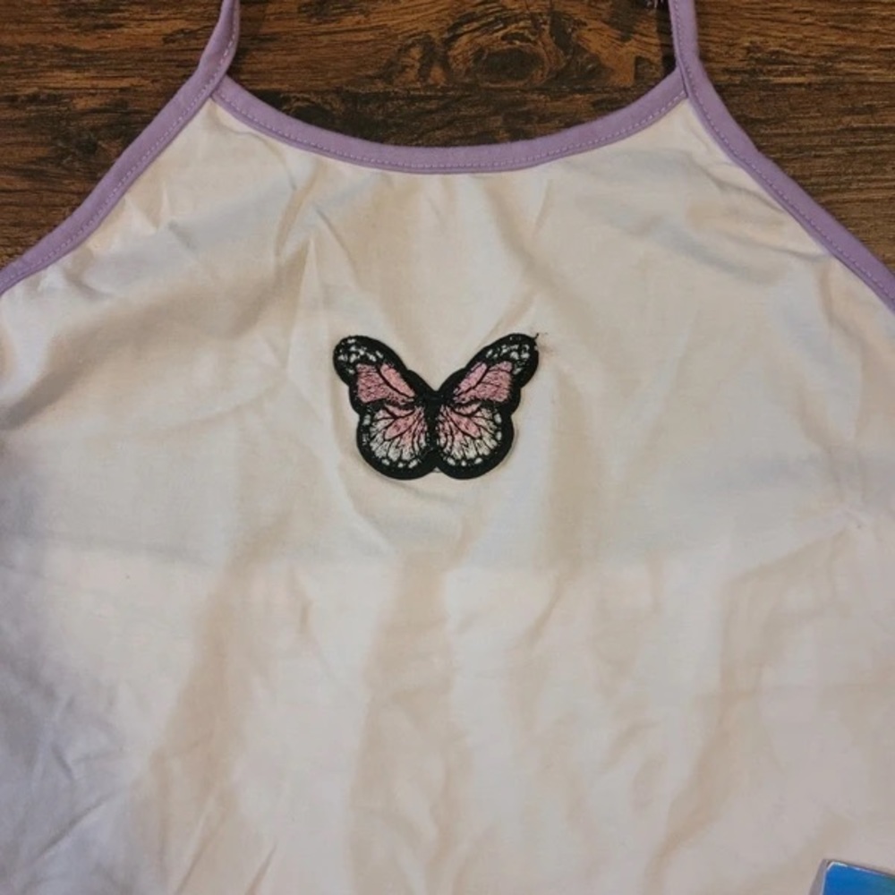 White Halter Tank Top with Lavender Trim and Butterfly Patch - Picture 2 of 4